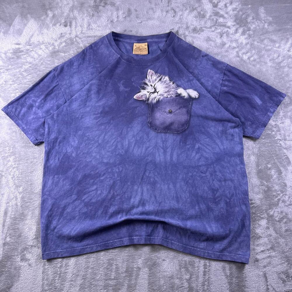 Vintage The Mountain Cat T Shirt Womens XL Blue Tie Dye Kitten Pocket Graphic